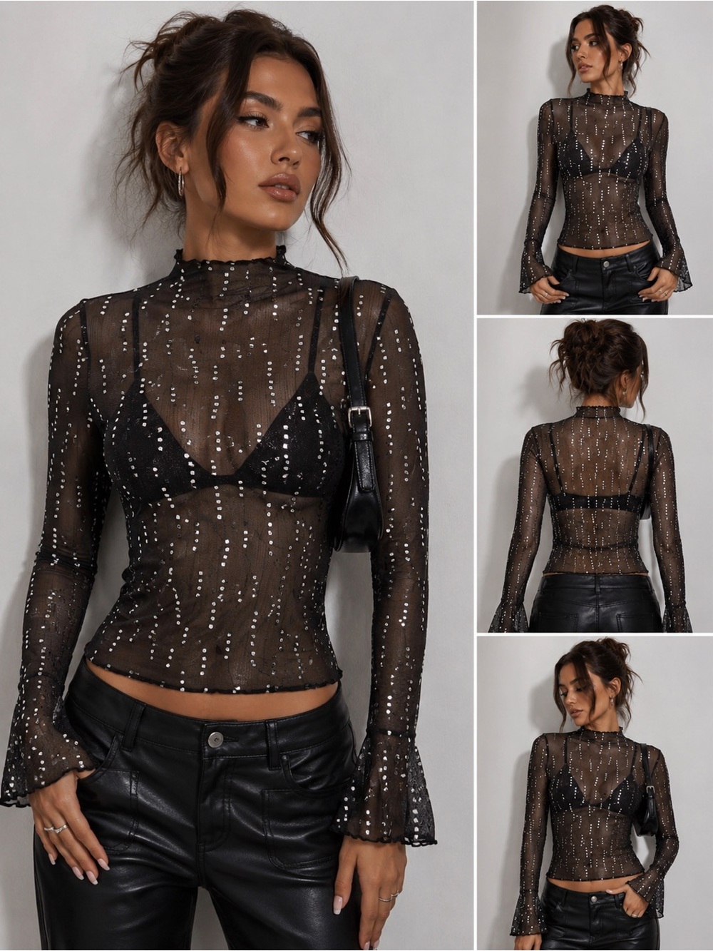 Italian Sheer Mesh Metallic Studded Top Size S/M Black Silver Y2K Clubwear Party